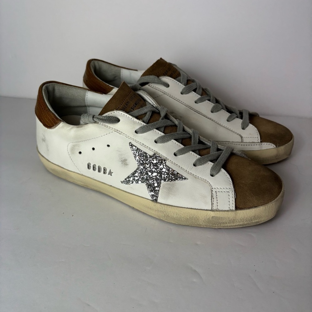 Golden Goose White and Bronze Women’s Sneakers with Silver Star